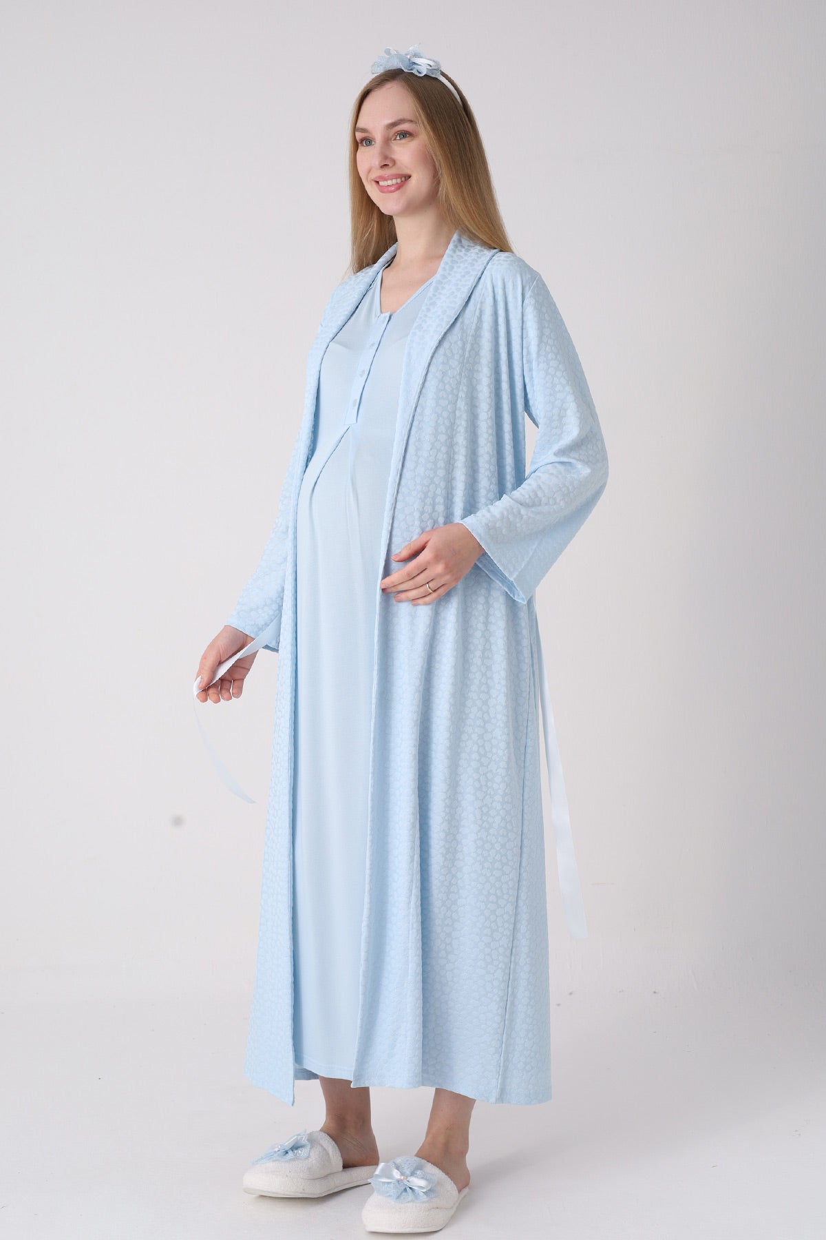 Elegant Lace Detailed Maternity-Nursing Nightgown & Jacquard Robe Set Blue - 2334