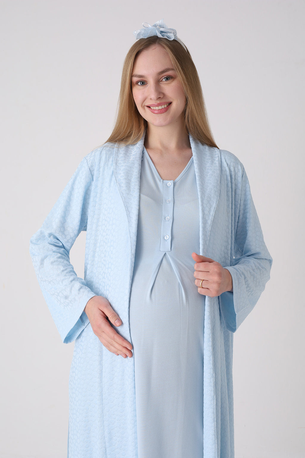 Elegant Lace Detailed Maternity-Nursing Nightgown & Jacquard Robe Set Blue - 2334