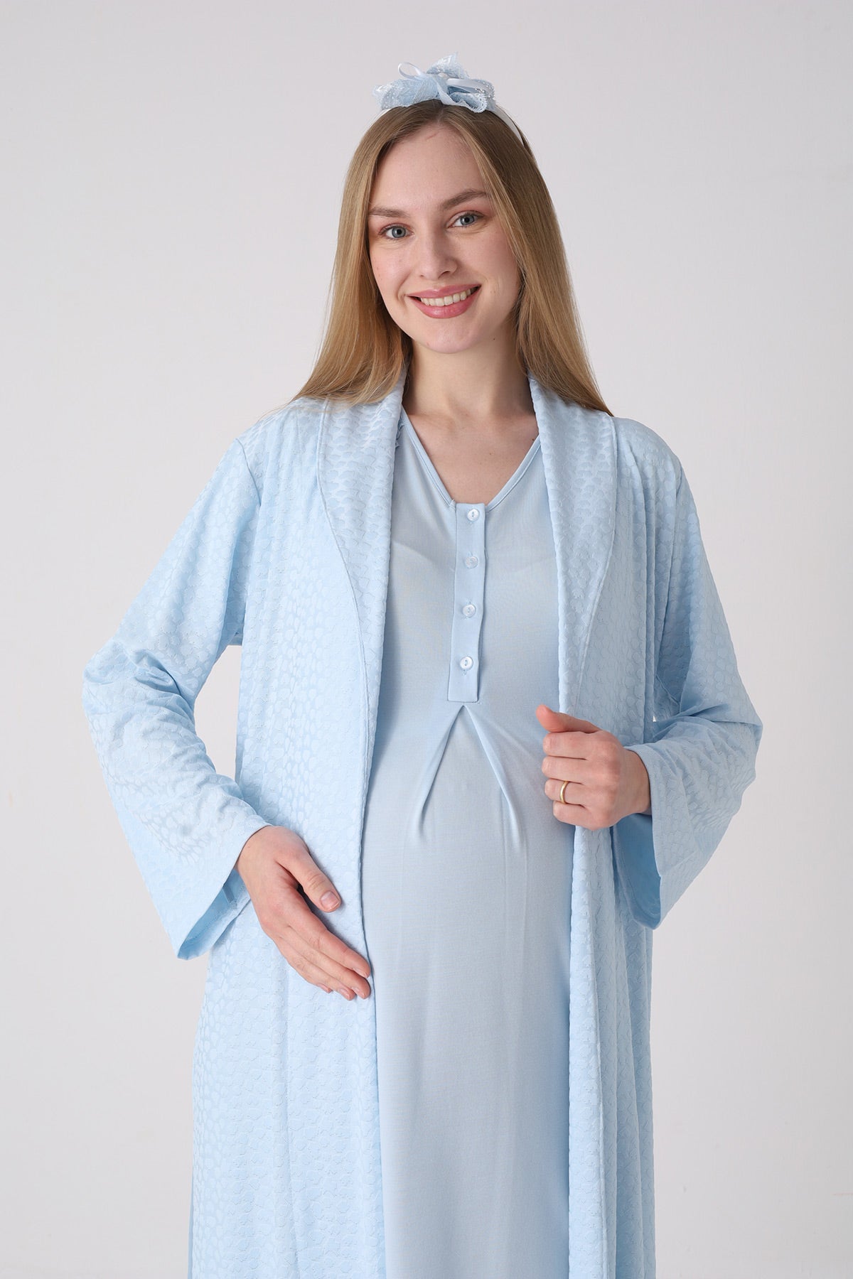 Elegant Lace Detailed Maternity-Nursing Nightgown & Jacquard Robe Set Blue - 2334