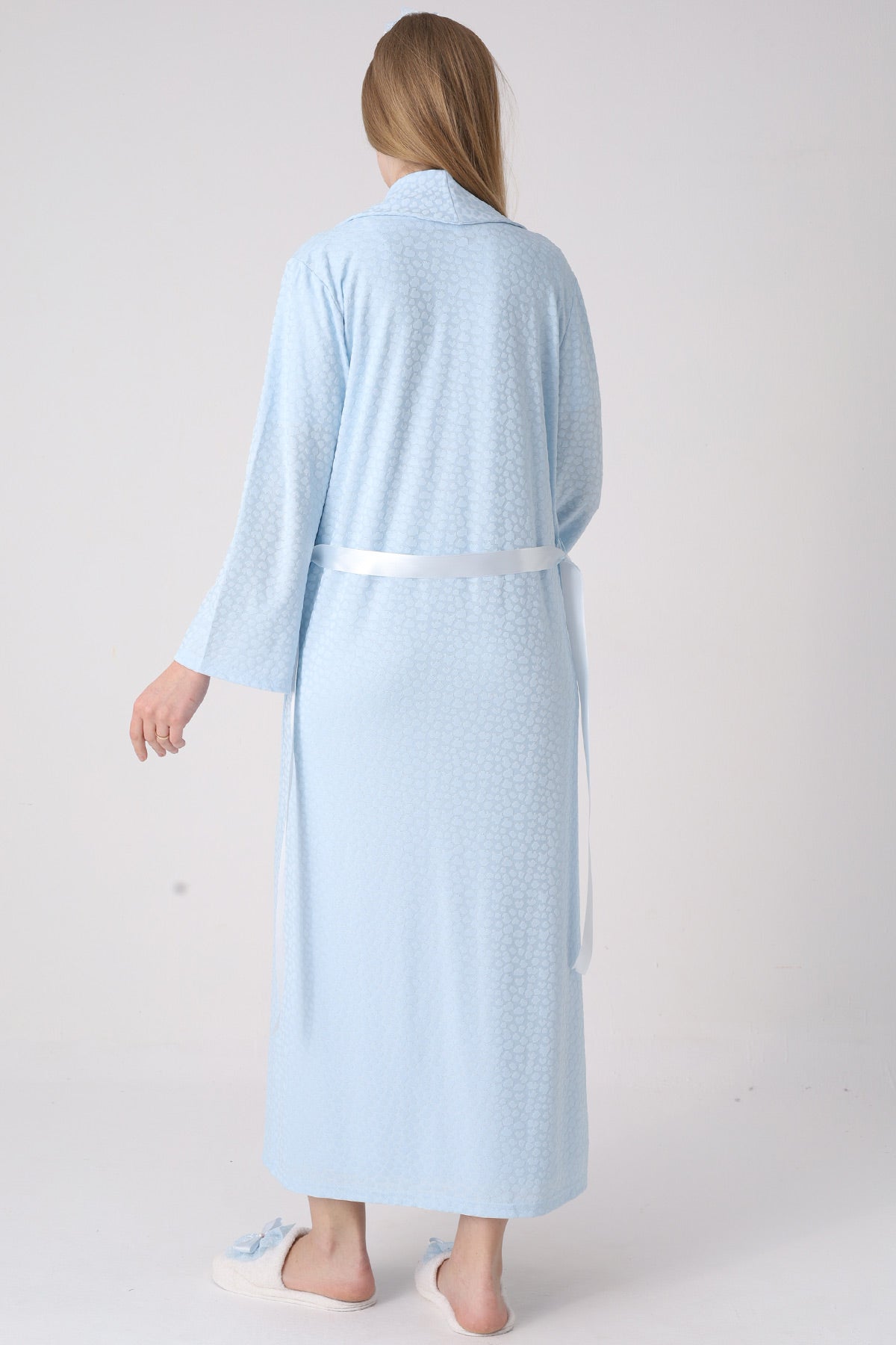 Elegant Lace Detailed Maternity-Nursing Nightgown & Jacquard Robe Set Blue - 2334