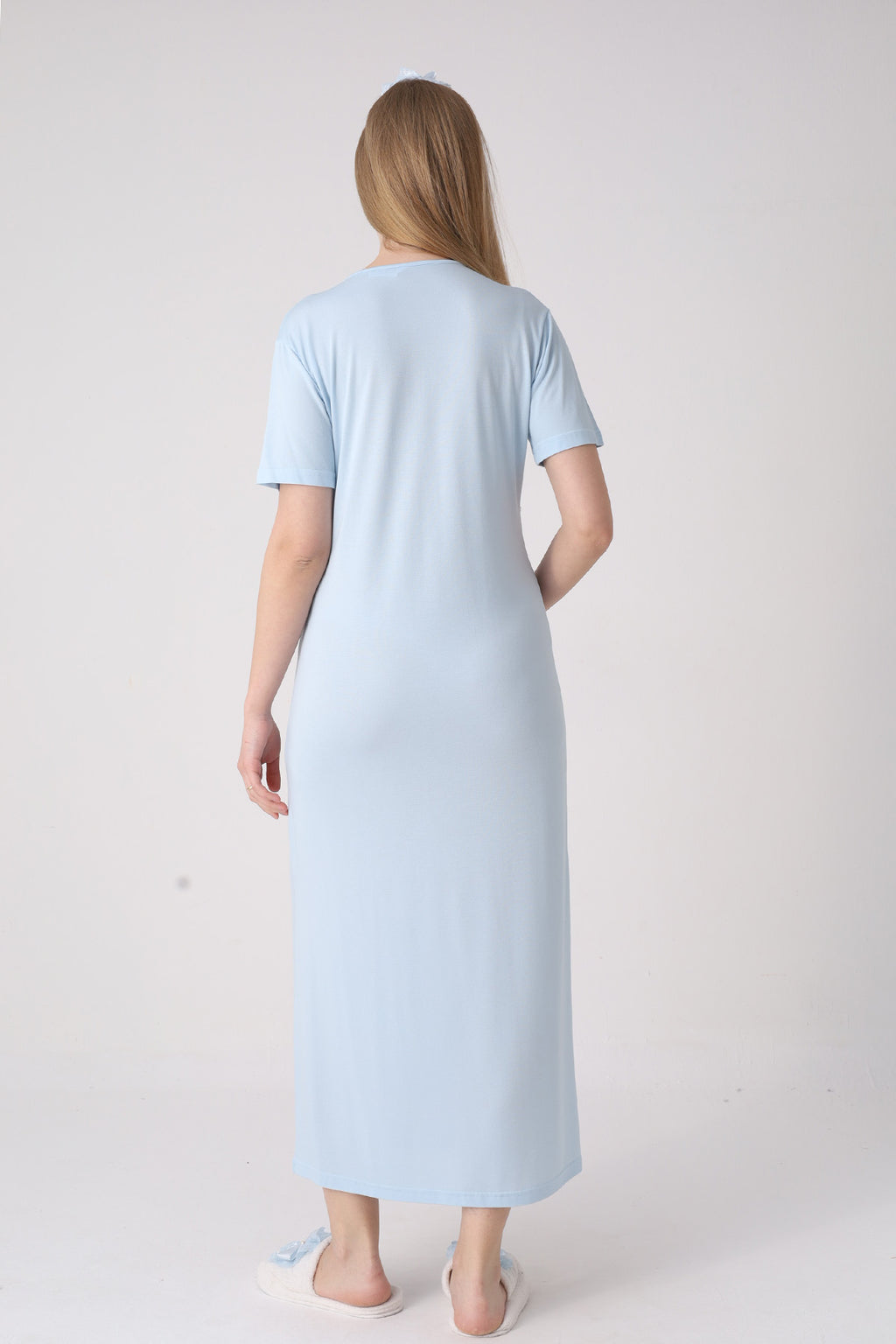 Elegant Lace Detailed Maternity-Nursing Nightgown & Jacquard Robe Set Blue - 2334
