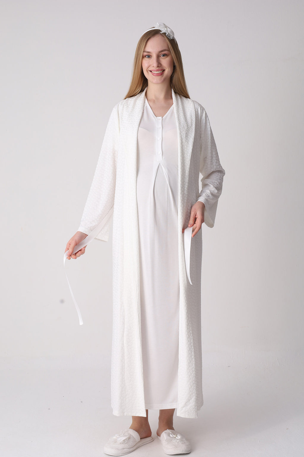 Elegant Lace Detailed Maternity-Nursing Nightgown & Jacquard Robe Set Ecru - 2334