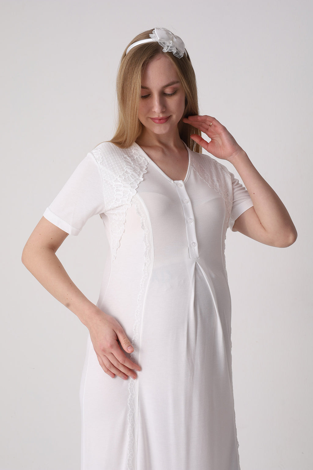 Elegant Lace Detailed Maternity-Nursing Nightgown & Jacquard Robe Set Ecru - 2334