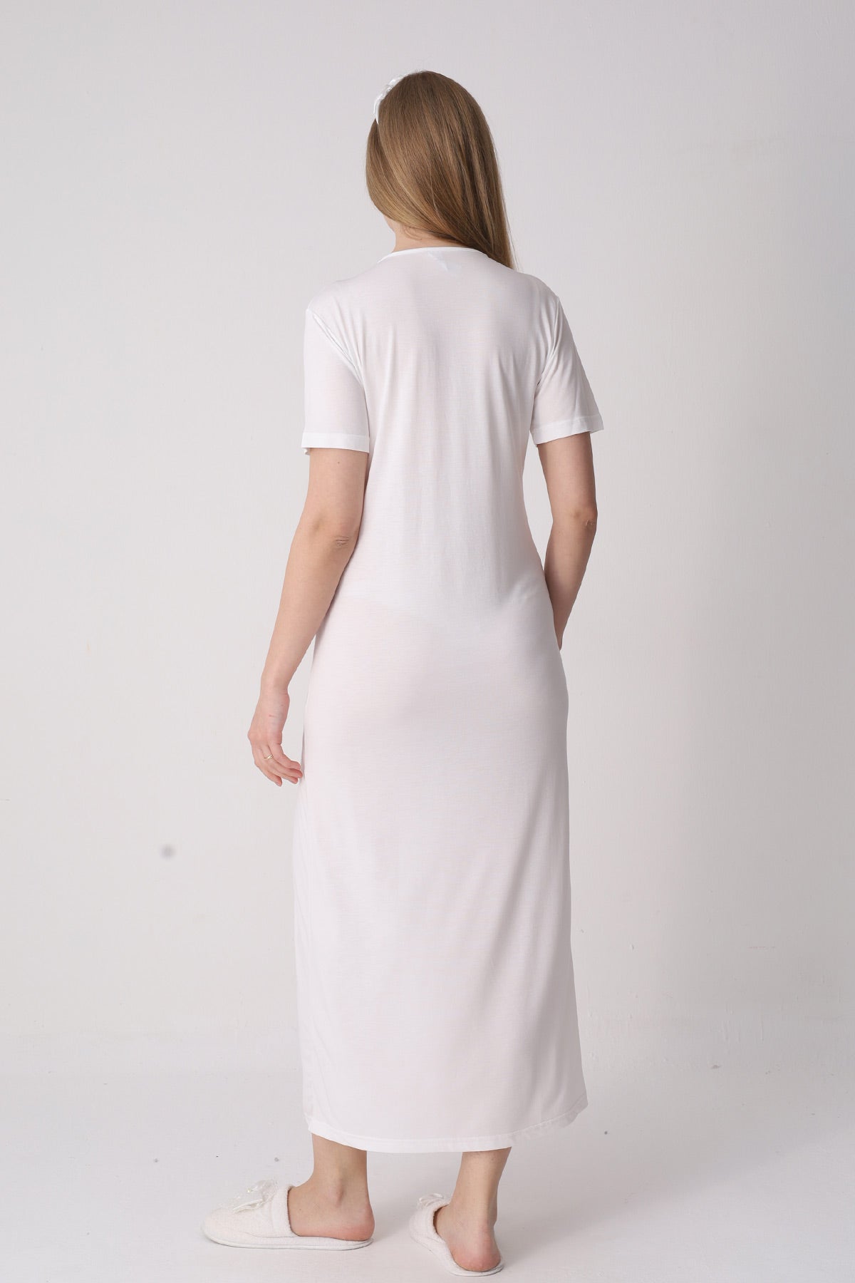 Elegant Lace Detailed Maternity-Nursing Nightgown & Jacquard Robe Set Ecru - 2334