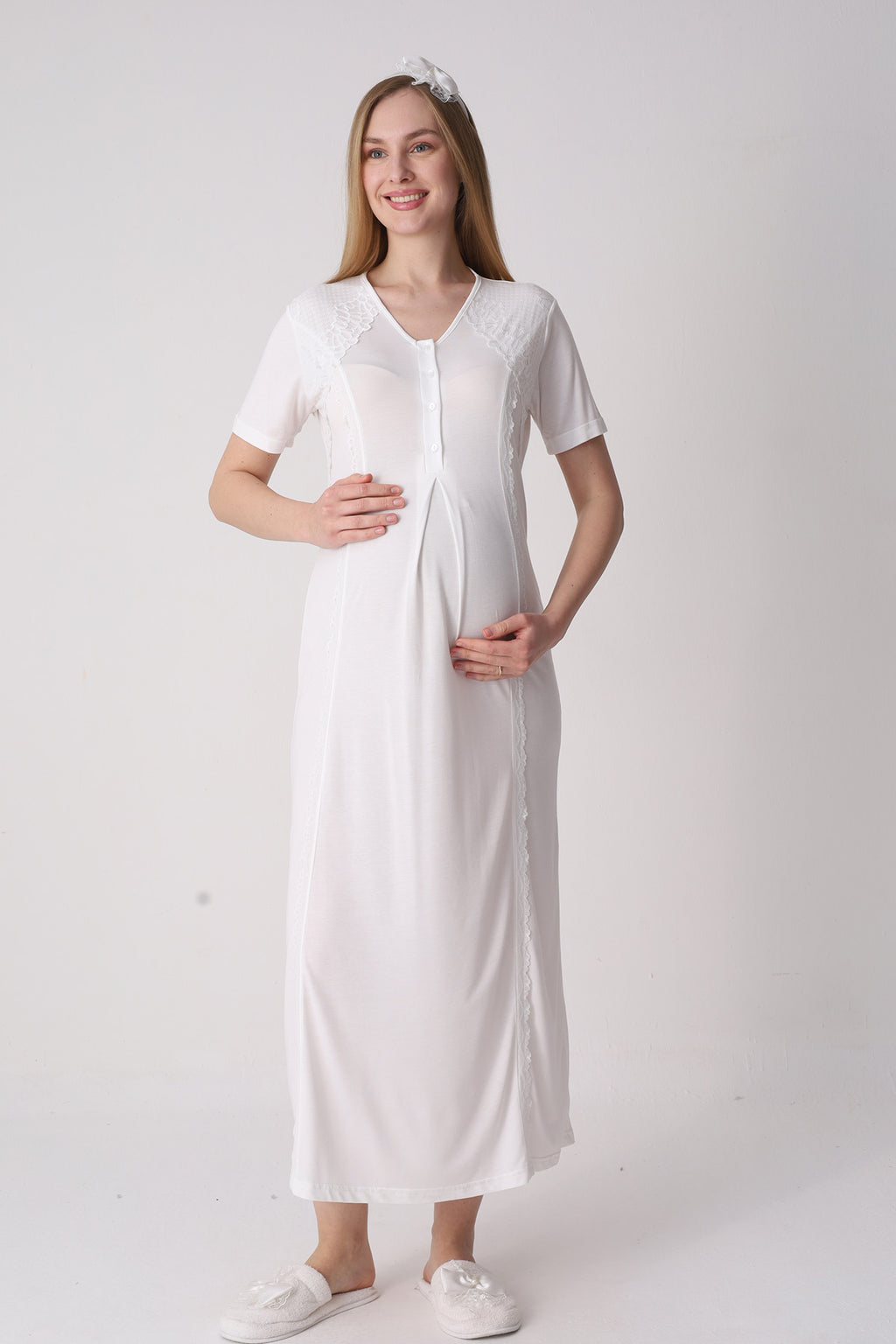 Elegant Lace Detailed Maternity-Nursing Nightgown & Jacquard Robe Set Ecru - 2334