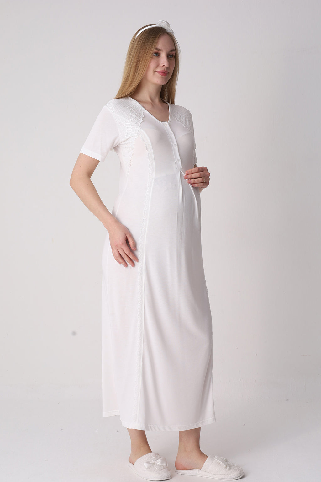 Elegant Lace Detailed Maternity-Nursing Nightgown & Jacquard Robe Set Ecru - 2334