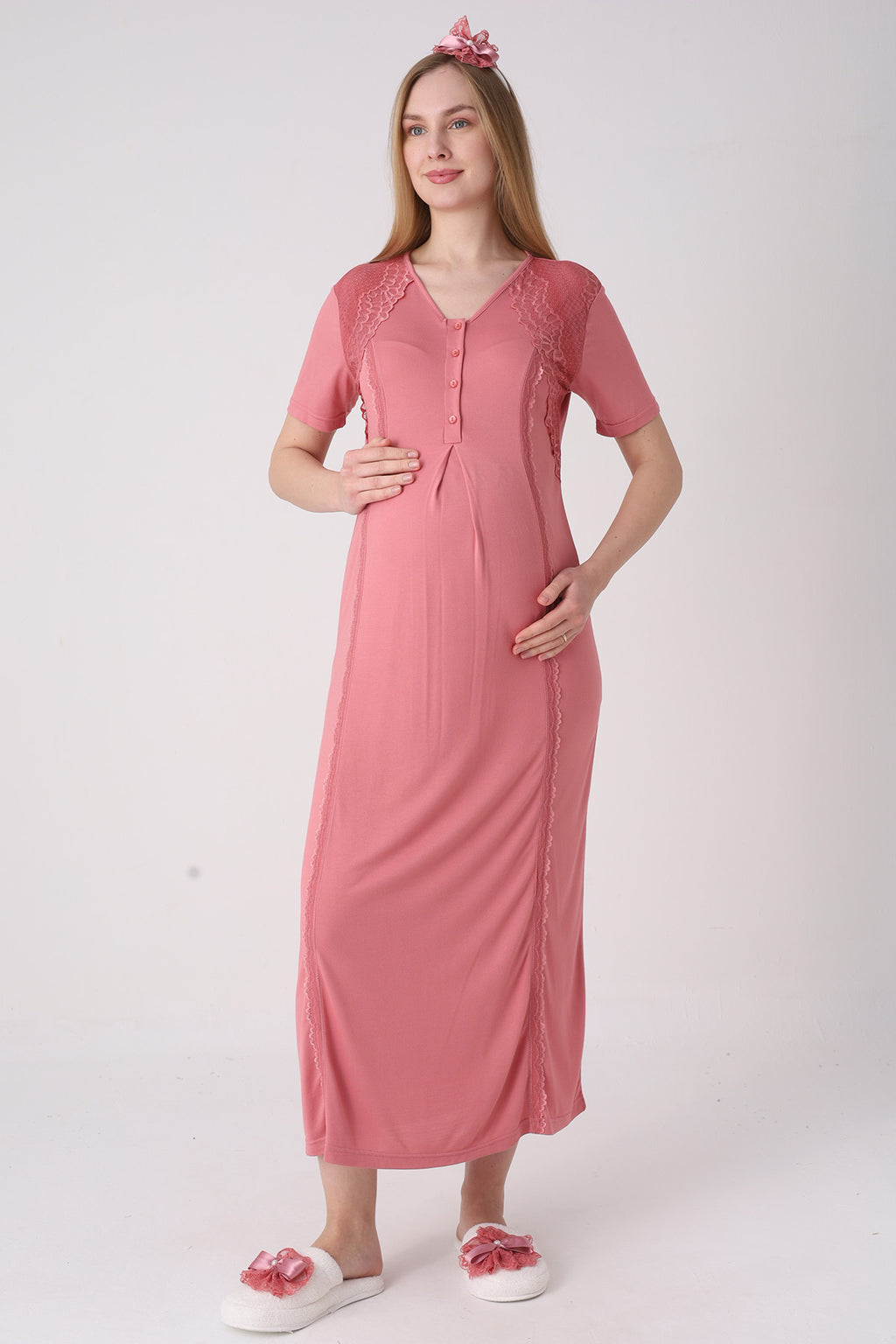 Elegant Lace Detailed Maternity-Nursing Nightgown & Jacquard Robe Set Pomegranate Red - 2334