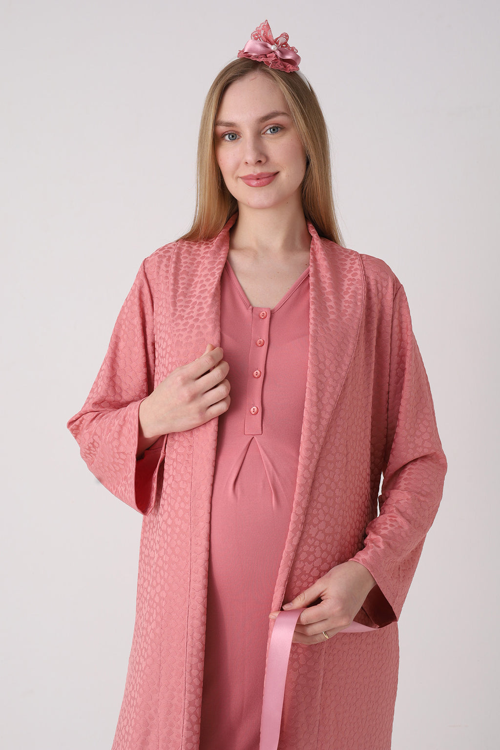 Elegant Lace Detailed Maternity-Nursing Nightgown & Jacquard Robe Set Pomegranate Red - 2334