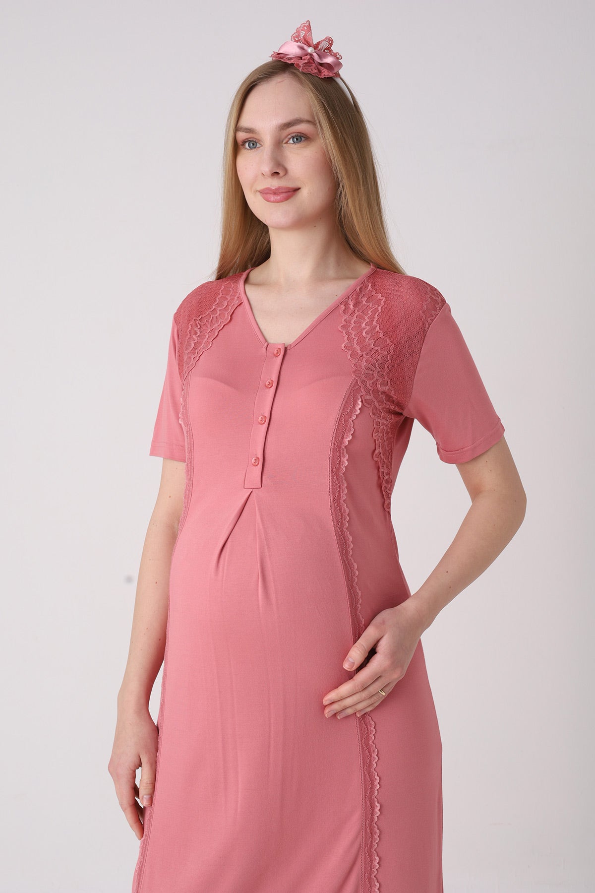 Elegant Lace Detailed Maternity-Nursing Nightgown & Jacquard Robe Set Pomegranate Red - 2334
