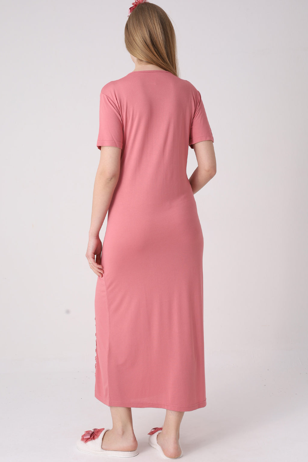 Elegant Lace Detailed Maternity-Nursing Nightgown & Jacquard Robe Set Pomegranate Red - 2334