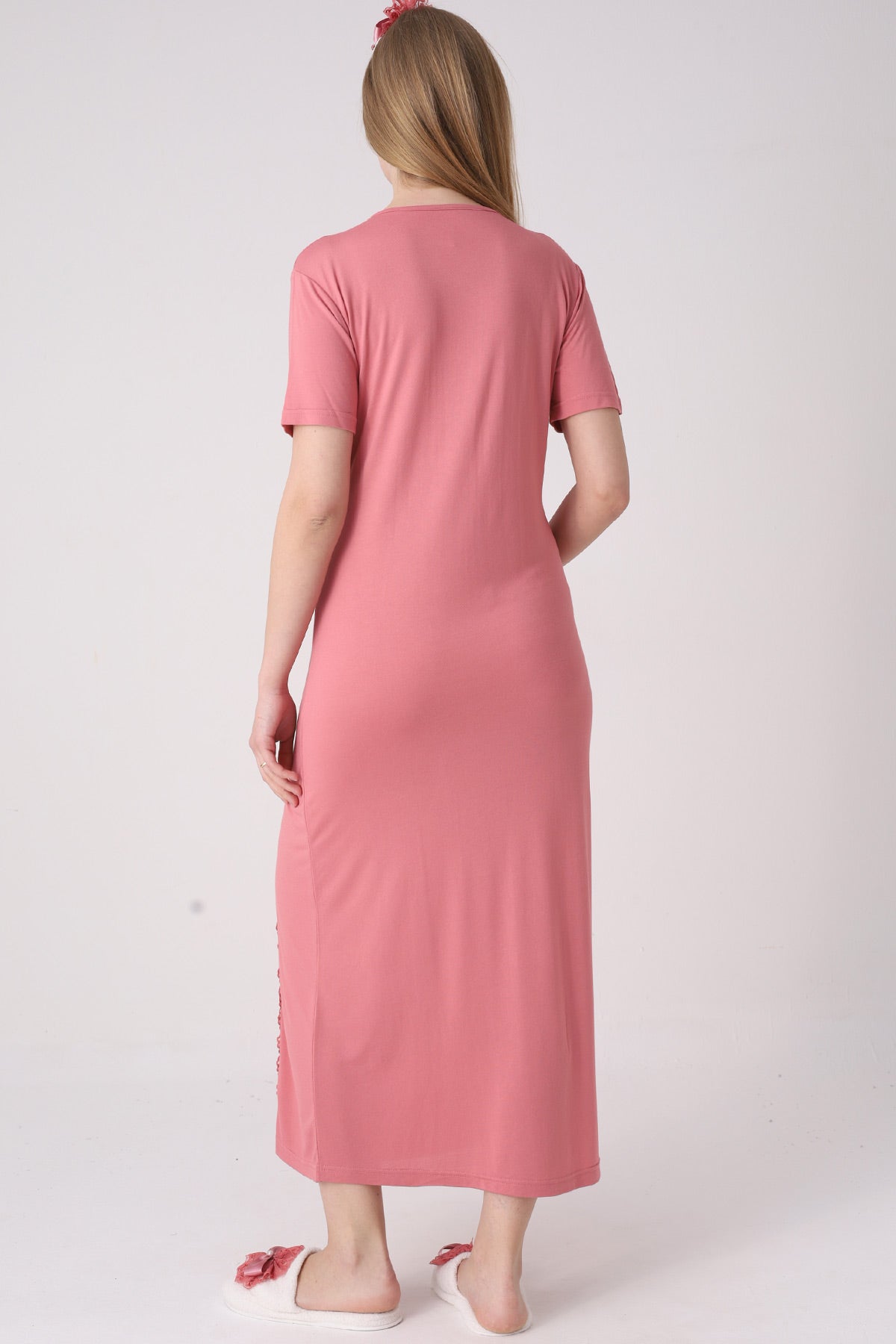 Elegant Lace Detailed Maternity-Nursing Nightgown & Jacquard Robe Set Pomegranate Red - 2334