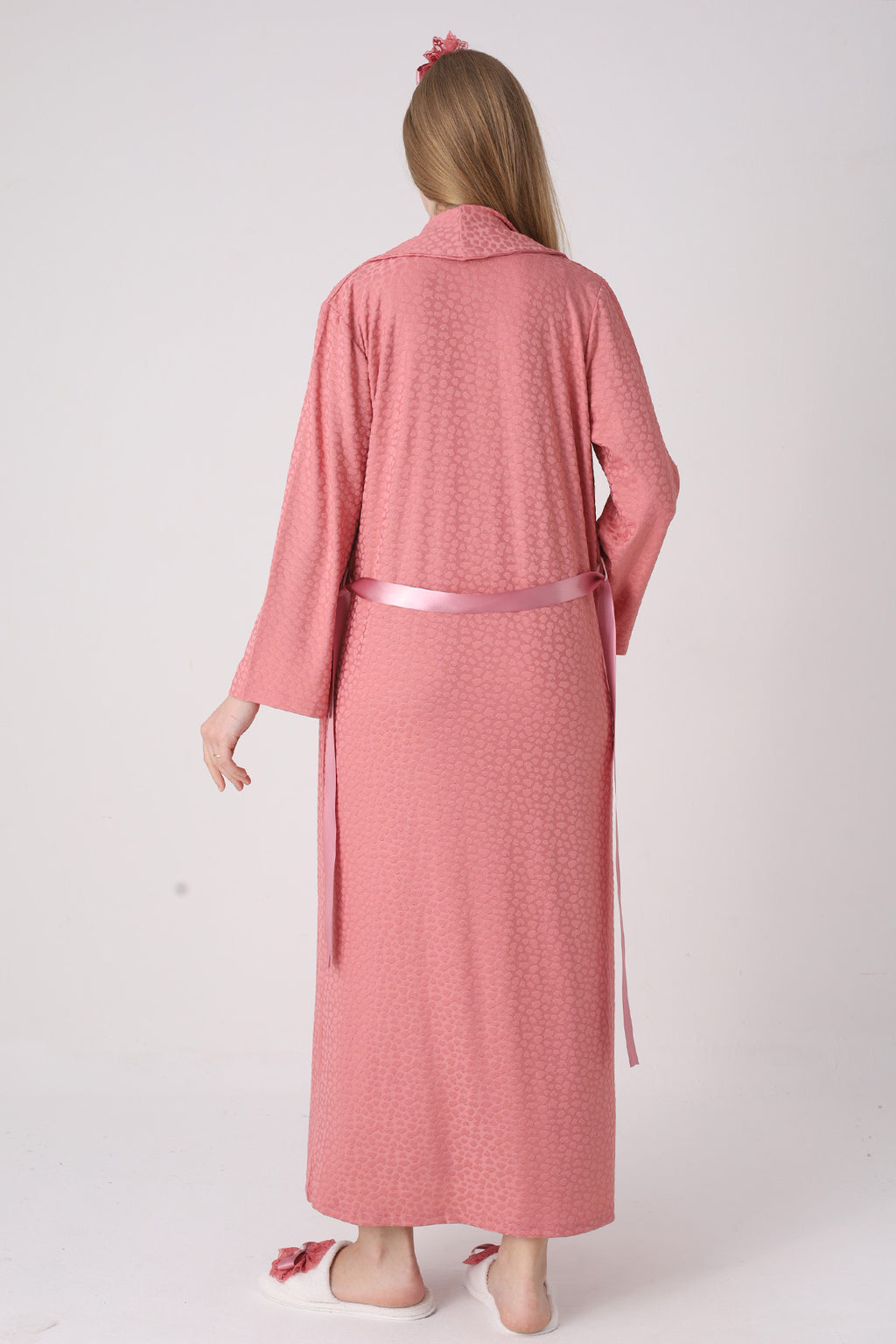 Elegant Lace Detailed Maternity-Nursing Nightgown & Jacquard Robe Set Pomegranate Red - 2334