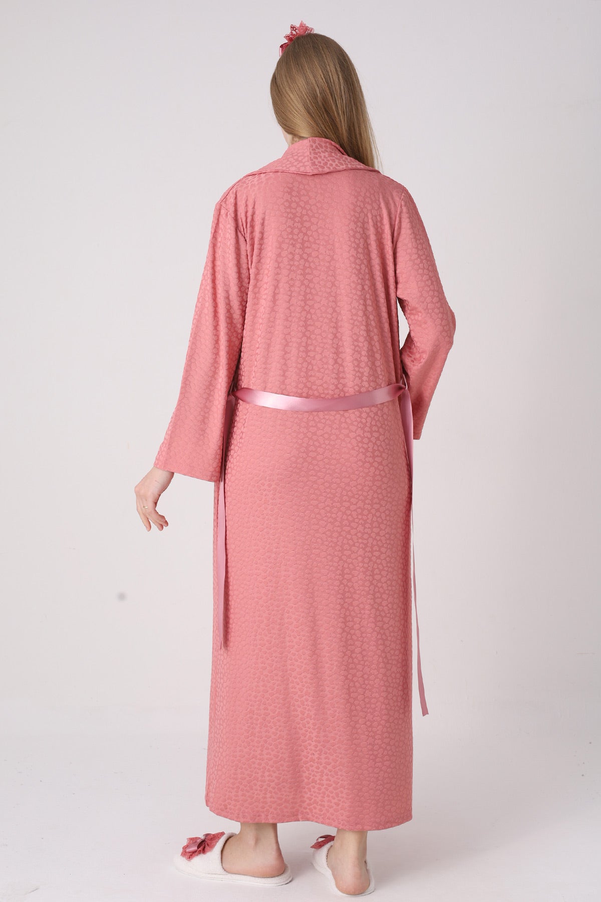Elegant Lace Detailed Maternity-Nursing Nightgown & Jacquard Robe Set Pomegranate Red - 2334