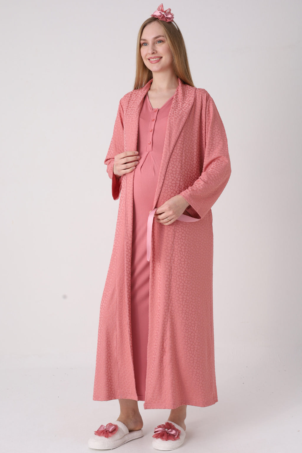 Elegant Lace Detailed Maternity-Nursing Nightgown & Jacquard Robe Set Pomegranate Red - 2334