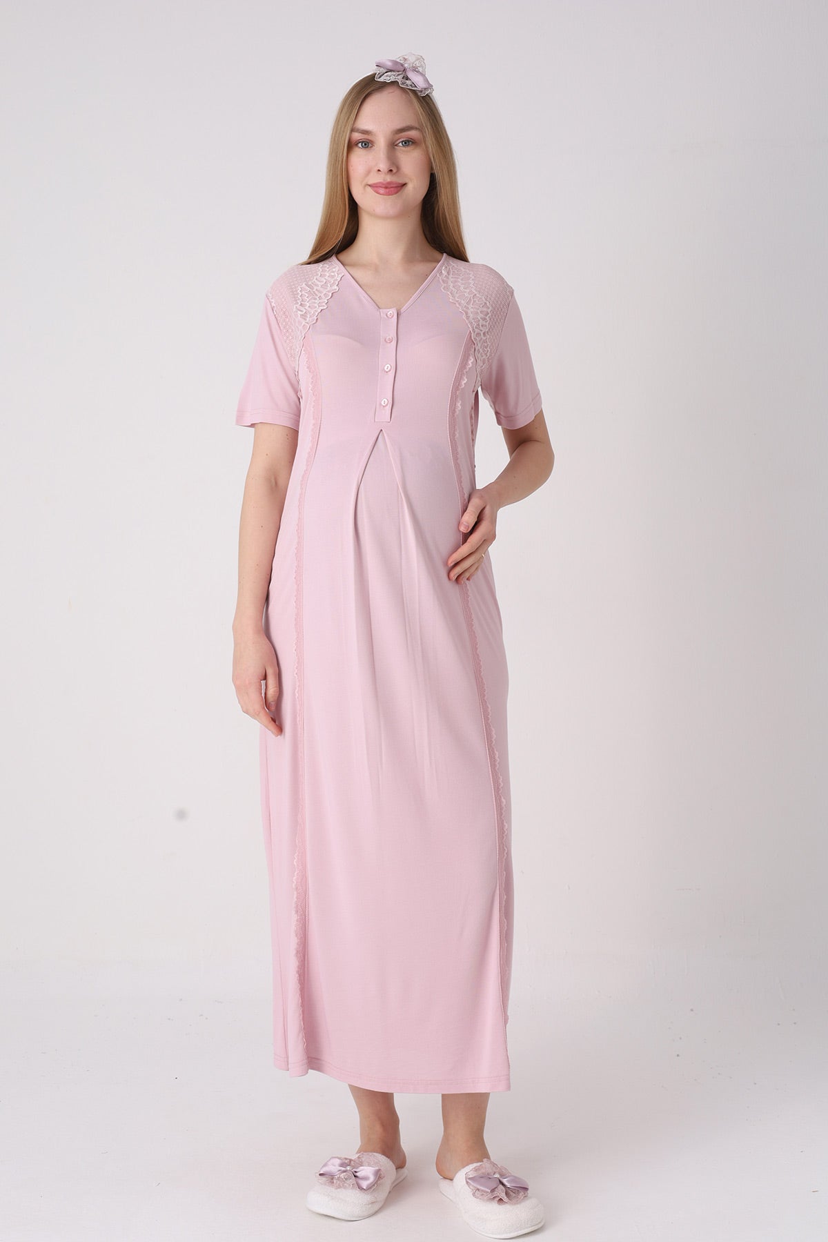 Elegant Lace Detailed Maternity-Nursing Nightgown & Jacquard Robe Set Powder - 2334