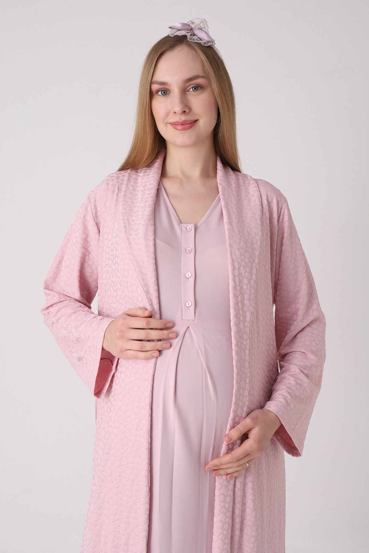 Elegant Lace Detailed Maternity-Nursing Nightgown & Jacquard Robe Set Powder - 2334