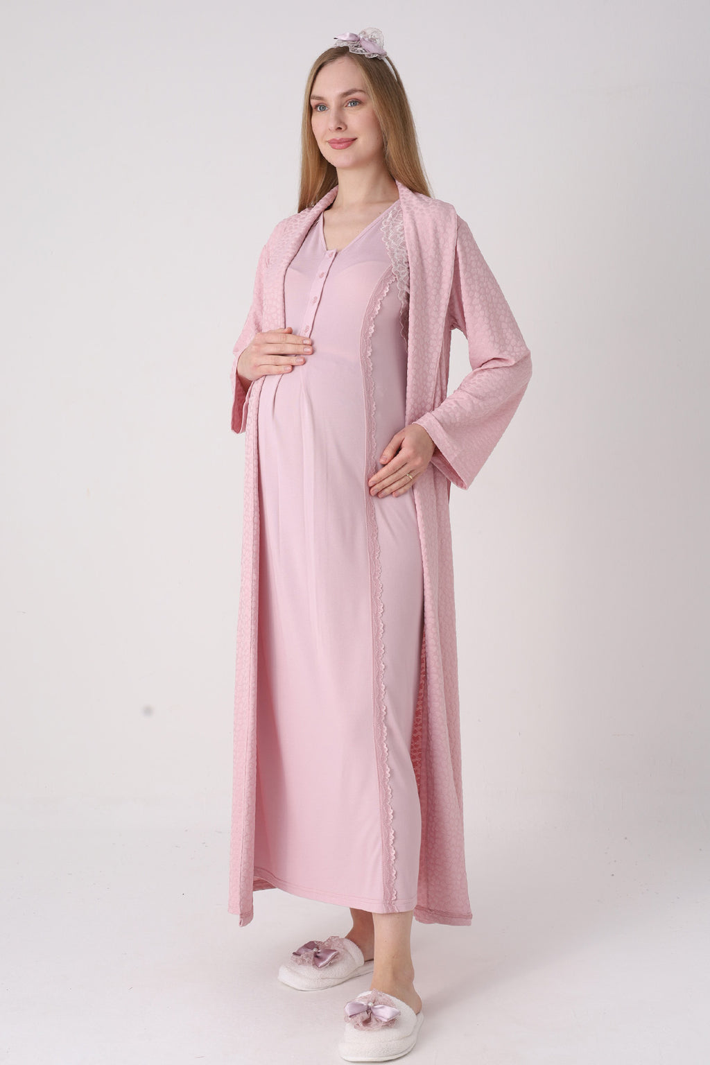 Elegant Lace Detailed Maternity-Nursing Nightgown & Jacquard Robe Set Powder - 2334
