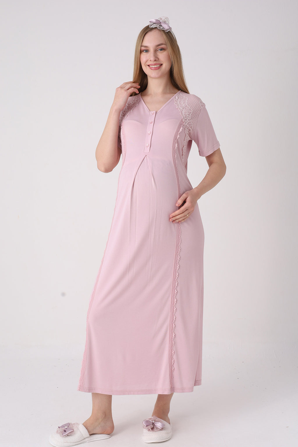 Elegant Lace Detailed Maternity-Nursing Nightgown & Jacquard Robe Set Powder - 2334
