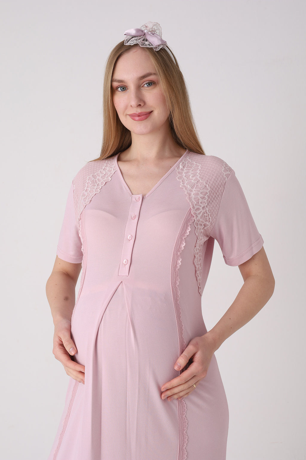 Elegant Lace Detailed Maternity-Nursing Nightgown & Jacquard Robe Set Powder - 2334