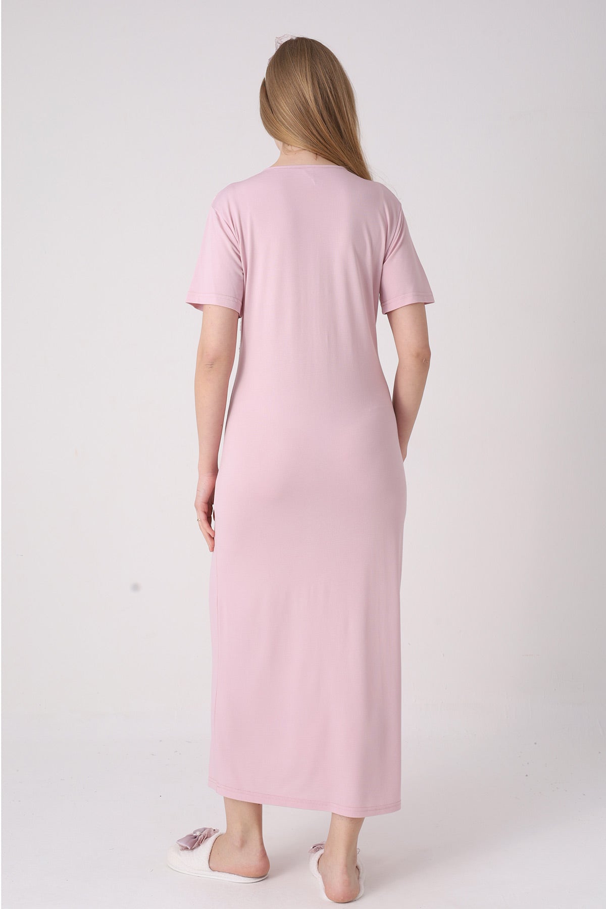 Elegant Lace Detailed Maternity-Nursing Nightgown & Jacquard Robe Set Powder - 2334