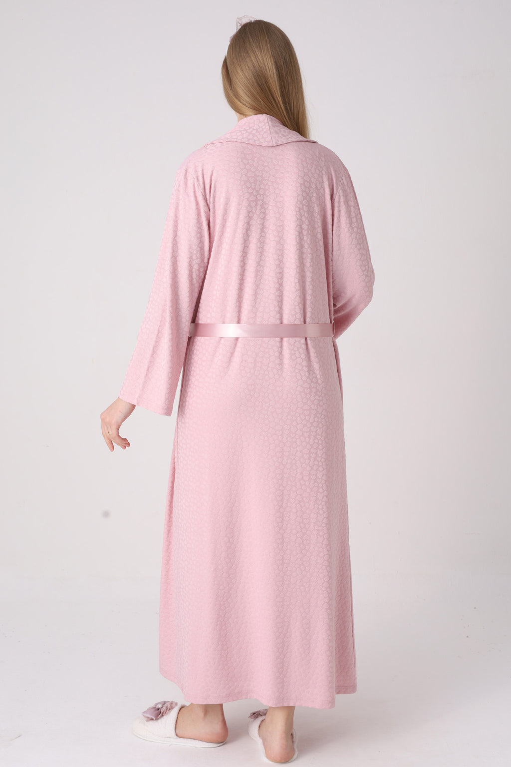 Elegant Lace Detailed Maternity-Nursing Nightgown & Jacquard Robe Set Powder - 2334