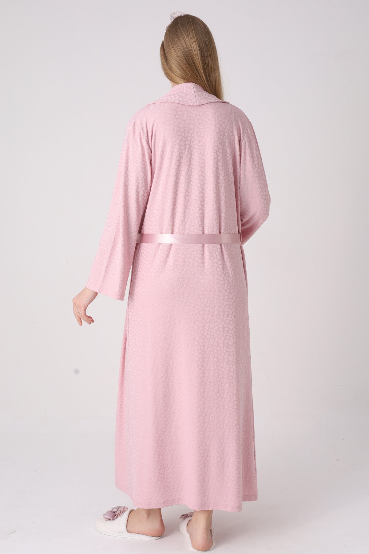 Elegant Lace Detailed Maternity-Nursing Nightgown & Jacquard Robe Set Powder - 2334