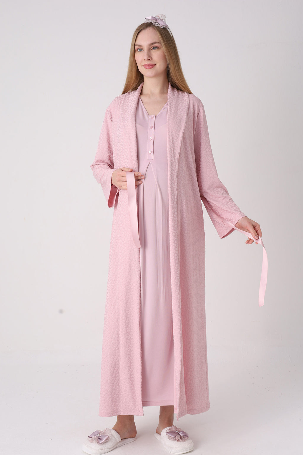 Elegant Lace Detailed Maternity-Nursing Nightgown & Jacquard Robe Set Powder - 2334
