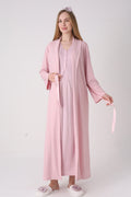 Elegant Lace Detailed Maternity-Nursing Nightgown & Jacquard Robe Set Powder - 2334