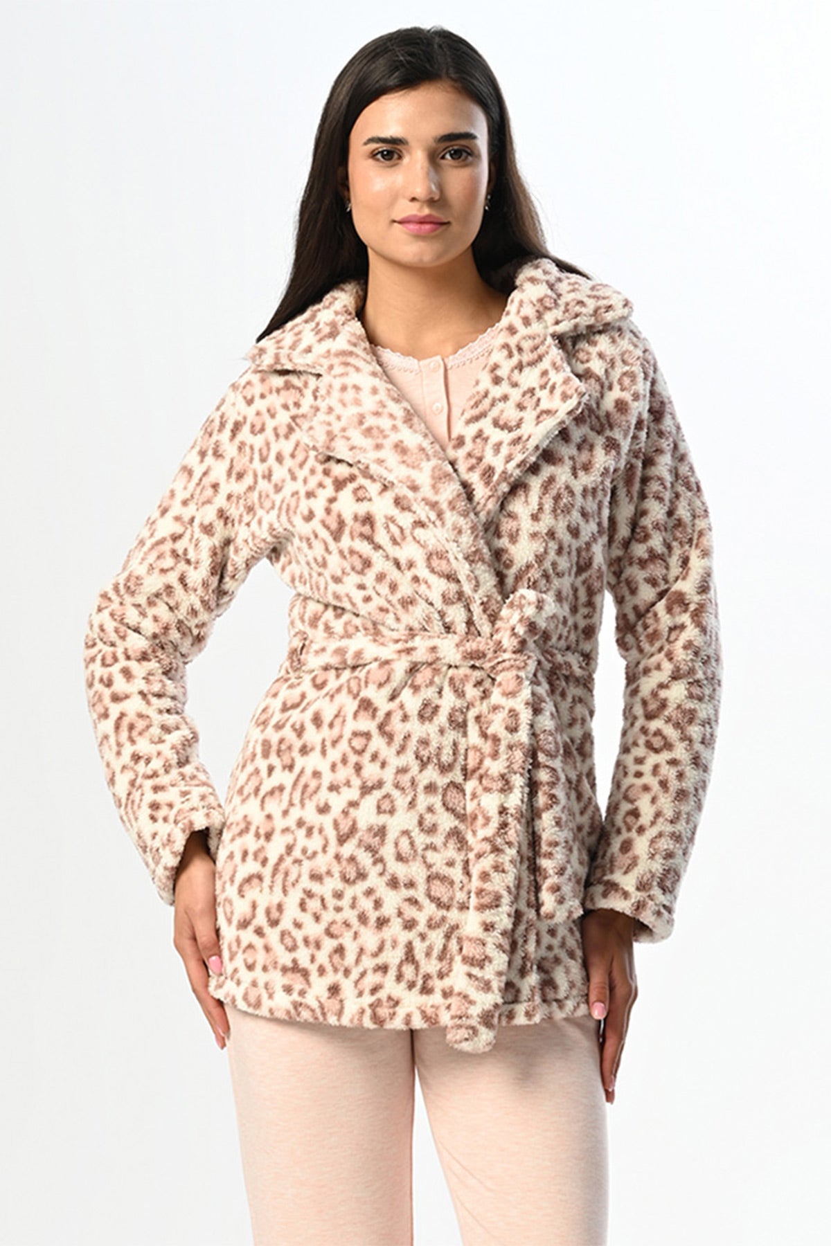 Leopard 3-Piece Maternity Feeding-Friendly Pajama & Welsoft Robe Set Powder - N23360