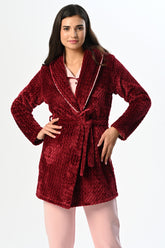 Shirt Collar 3-Piece Maternity-Nursing Pajama & Velvet Robe Set Powder - 23369