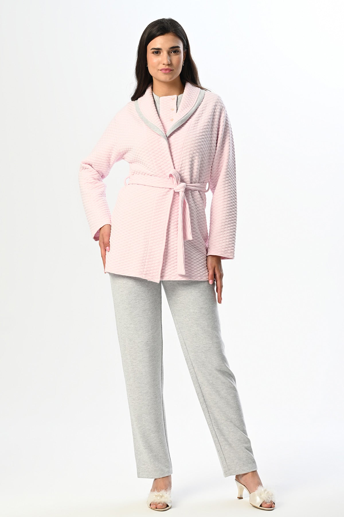 Melange 3-Piece Maternity-Nursing Pajama & Quilted Robe Set Grey - 23370