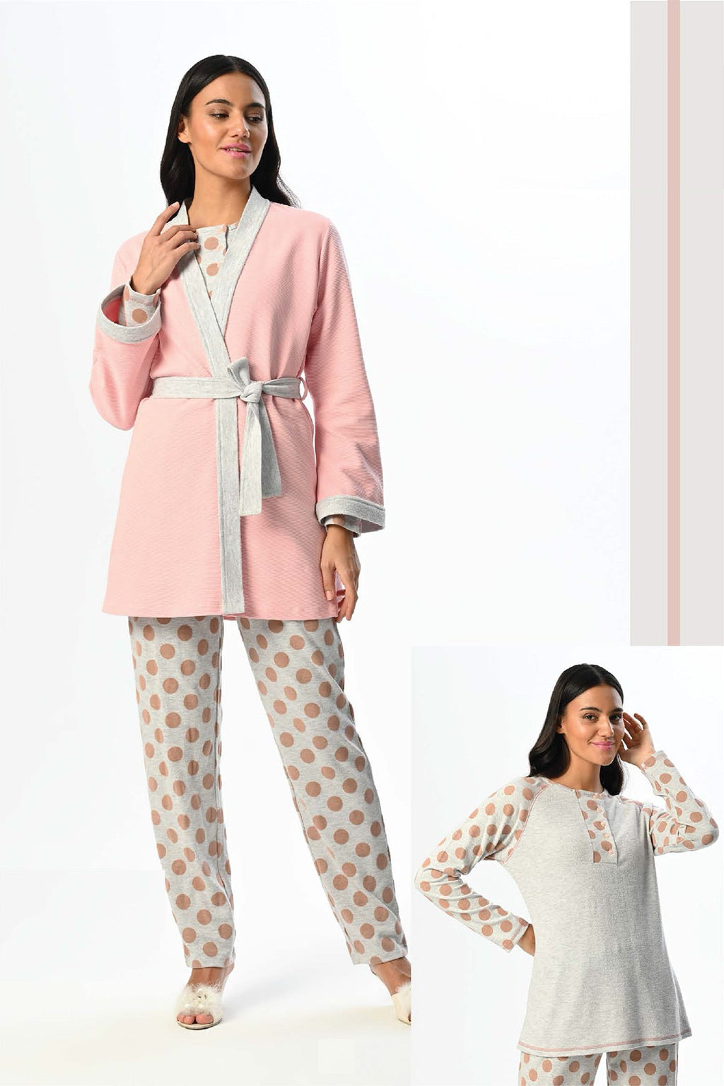 Polka Dot 3-Piece Maternity Feeding-Friendly Pajama & Robe Set Pink - N23380