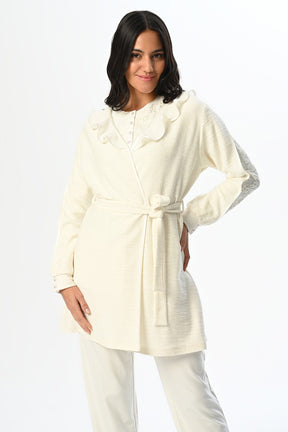 Lace Collar 3-Piece Maternity-Nursing Pajama & Ruffled Robe Set - 23383
