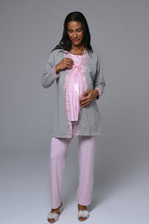 Flower Lace Detailed 3-Piece Maternity-Nursing Pajama & Robe Set - 23386