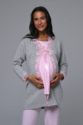 Flower Lace Detailed 3-Piece Maternity-Nursing Pajama & Robe Set - 23386