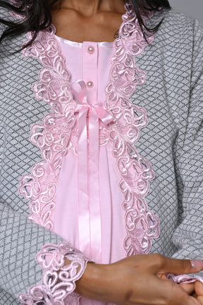 Flower Lace Detailed 3-Piece Maternity-Nursing Pajama & Robe Set - 23386
