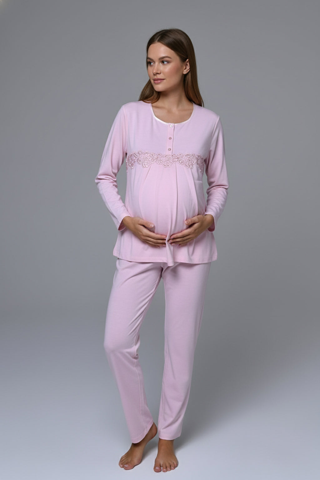 Flower Lace Detailed 3-Piece Maternity-Nursing Pajama & Robe Set - 23386