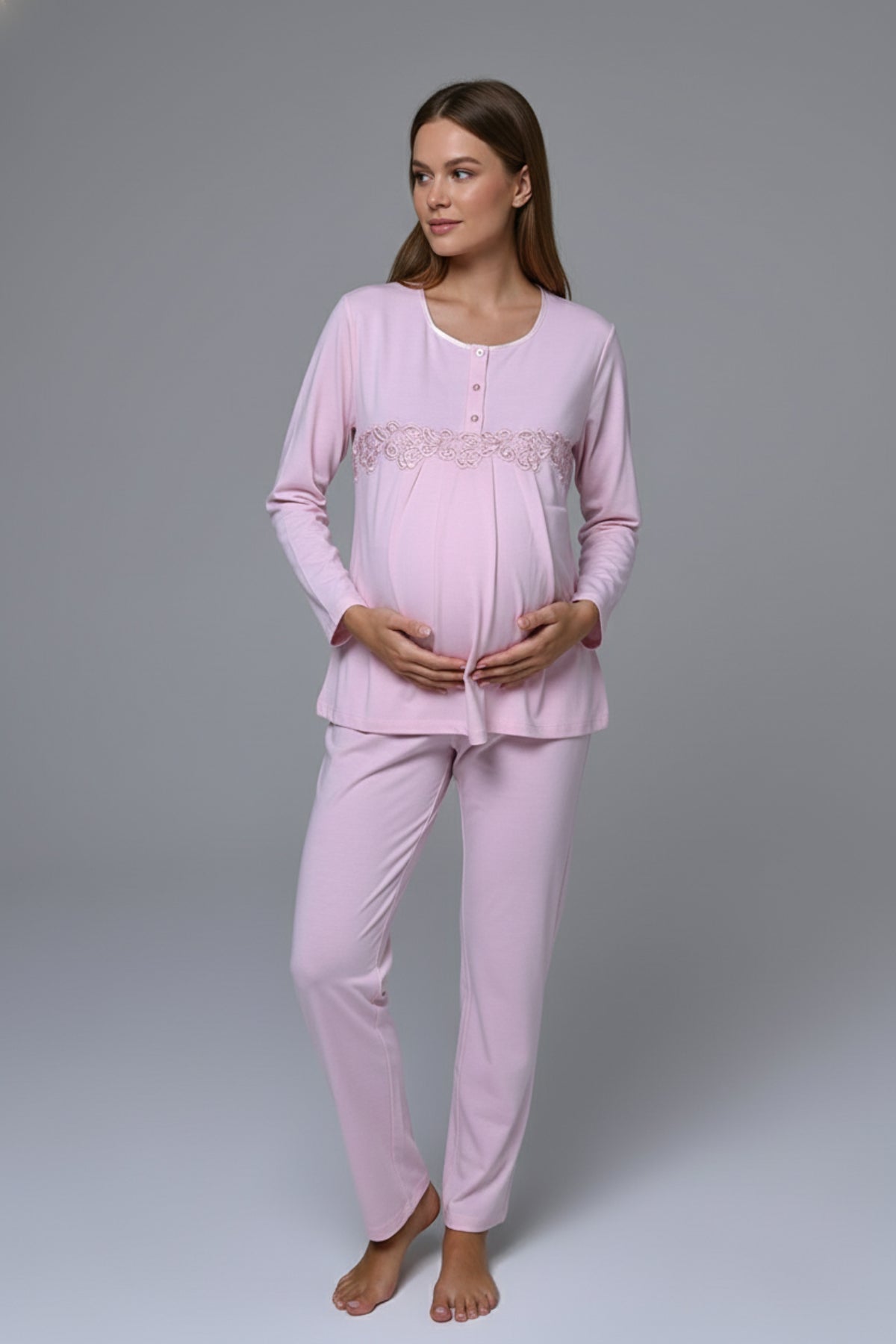 Flower Lace Detailed 3-Piece Maternity-Nursing Pajama & Robe Set - 23386