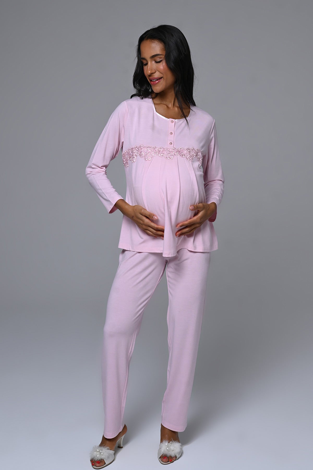 Flower Lace Detailed 3-Piece Maternity-Nursing Pajama & Robe Set - 23386