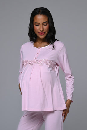 Flower Lace Detailed 3-Piece Maternity-Nursing Pajama & Robe Set - 23386
