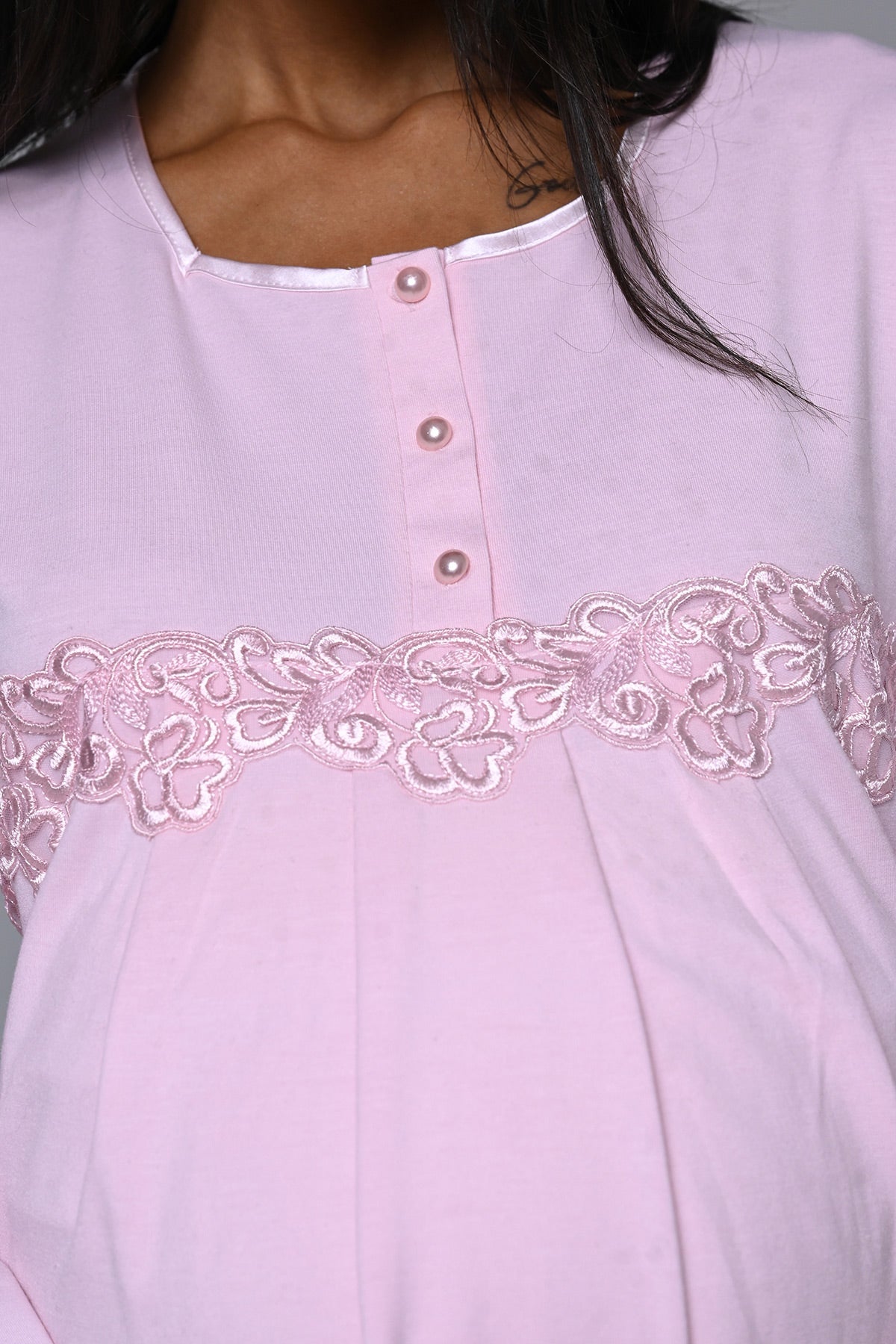 Flower Lace Detailed 3-Piece Maternity-Nursing Pajama & Robe Set - 23386