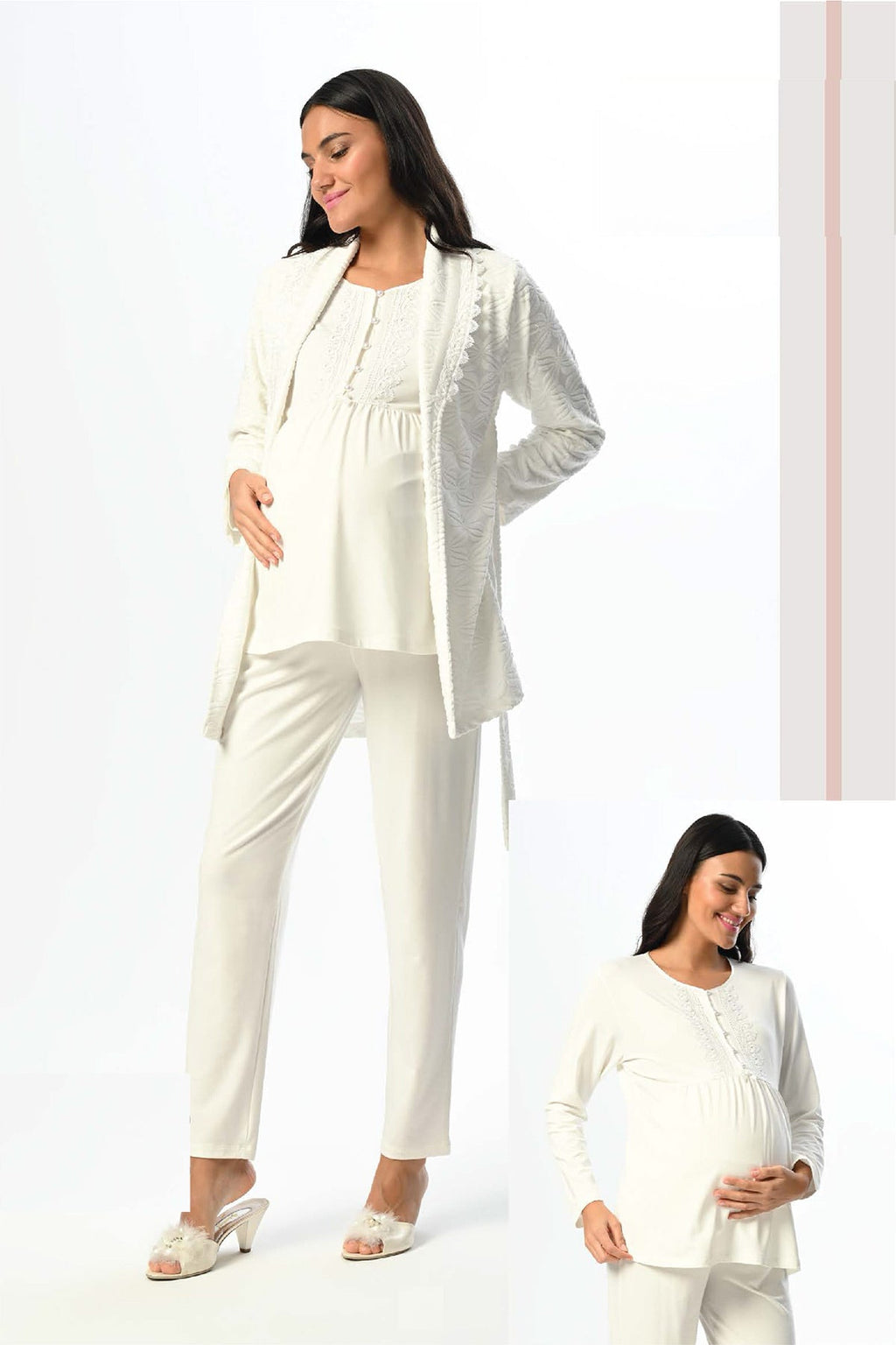 Guipure Collar 3-Piece Maternity Feeding-Friendly Pajama & Jacquard Robe Set - N23388