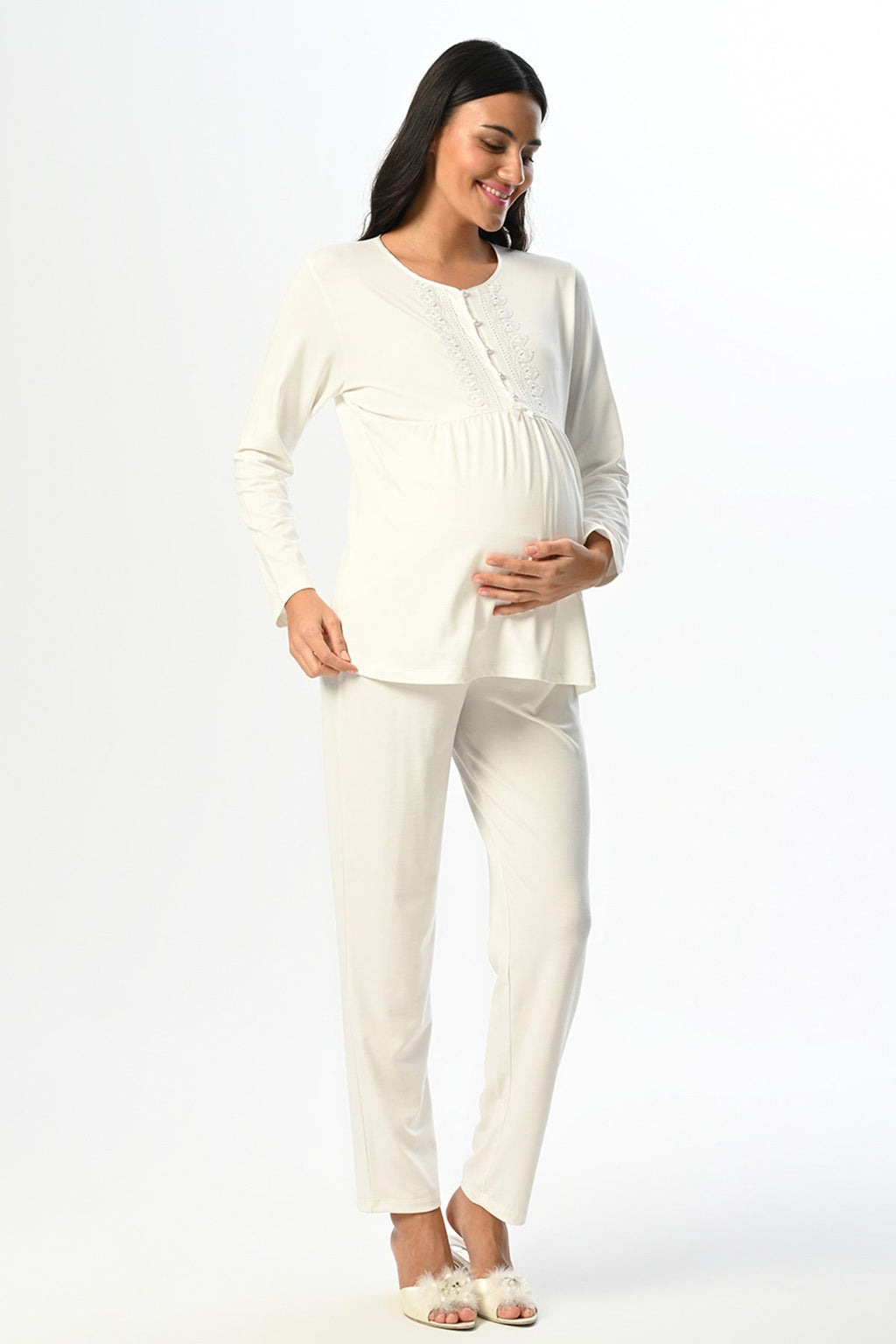 Guipure Collar 3-Piece Maternity Feeding-Friendly Pajama & Jacquard Robe Set - N23388