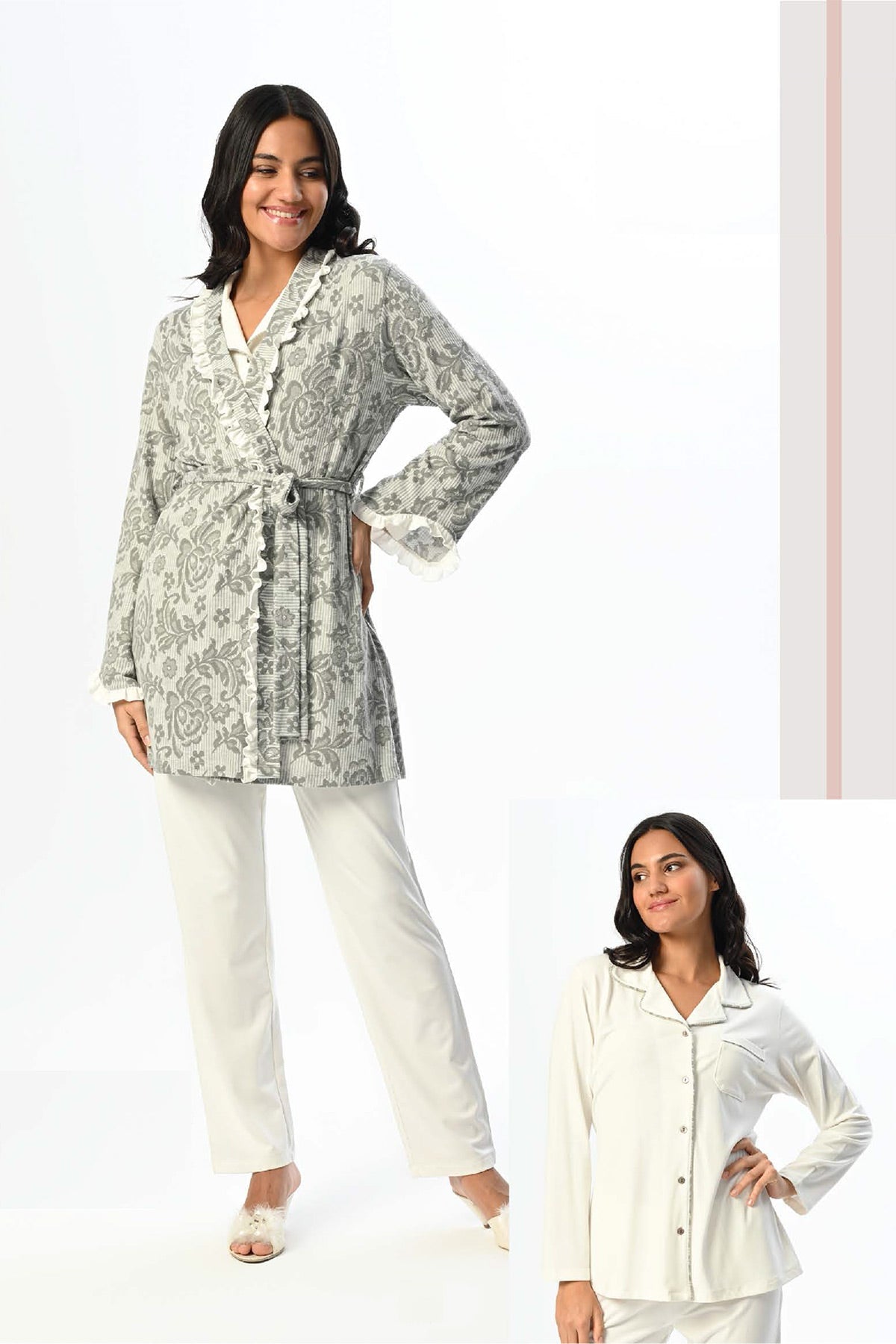 Flowery Lace 3-Piece Maternity Feeding-Friendly Pajama & Jacquard Robe Set - N23392