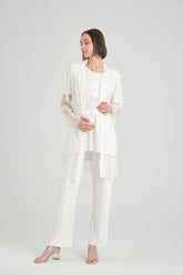 Lace Detailed 3-Pieces Maternity & Nursing Pajamas With Robe Ecru - 2366
