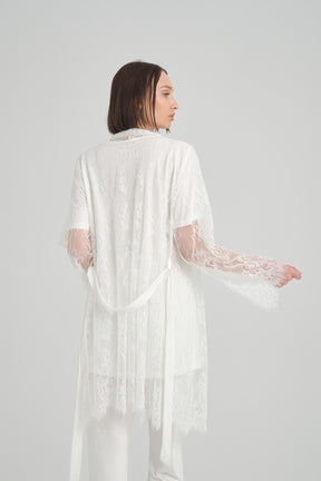 Lace Detailed 3-Pieces Maternity & Nursing Pajamas With Robe Ecru - 2366