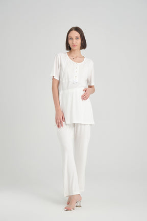 Lace Detailed 3-Pieces Maternity & Nursing Pajamas With Robe Ecru - 2366