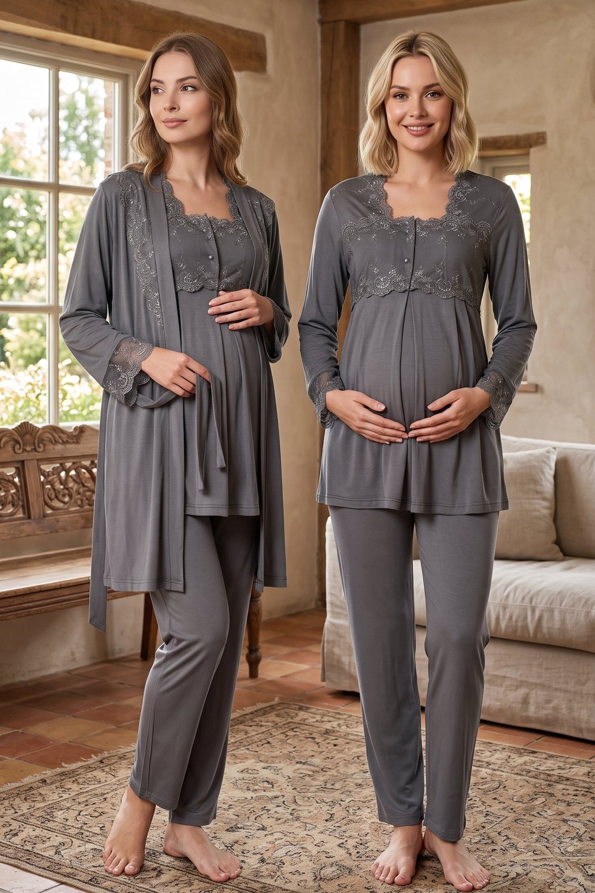 Lace Detailed 3-Piece Maternity Feeding-Friendly Pajama & Robe Set Anthracite - T2401