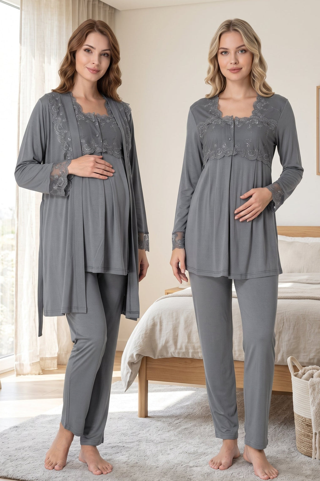 Lace Detailed 3-Piece Maternity Feeding-Friendly Pajama & Robe Set Anthracite - T2401