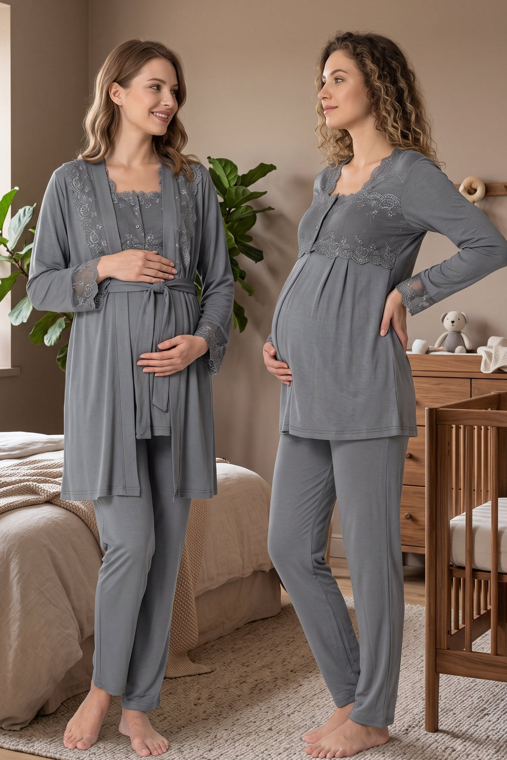 Lace Detailed 3-Piece Maternity Feeding-Friendly Pajama & Robe Set Anthracite - T2401